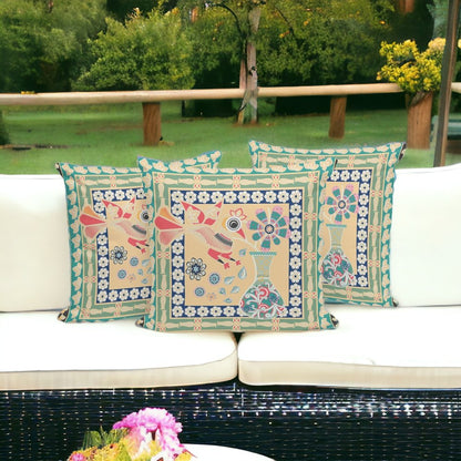 Set of Three 16" X 16" Green and Pink Peacock Blown Seam Floral Indoor Outdoor Throw Pillow