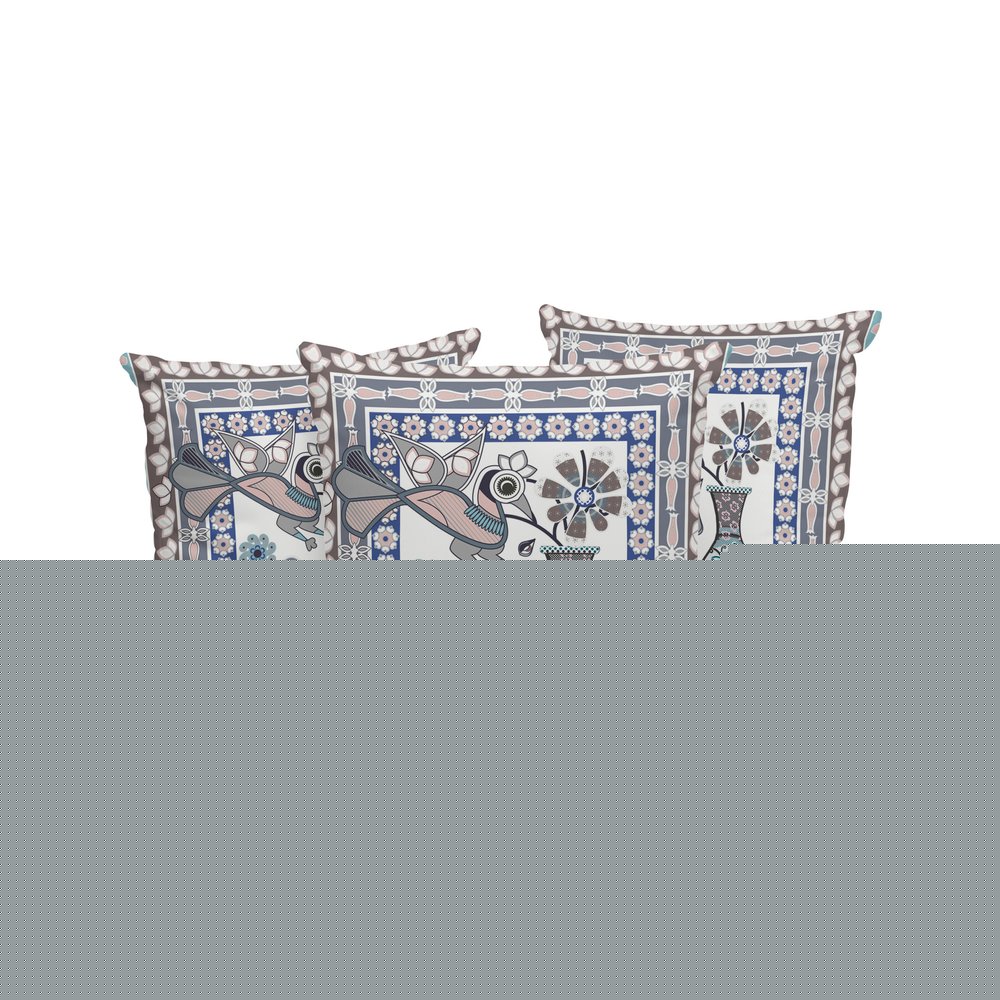 Set of Three 16" X 16" Beige and Gray Peacock Blown Seam Floral Indoor Outdoor Throw Pillow