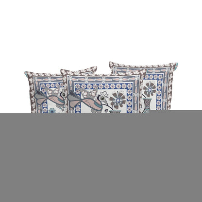 Set of Three 16" X 16" Beige and Gray Peacock Blown Seam Floral Indoor Outdoor Throw Pillow