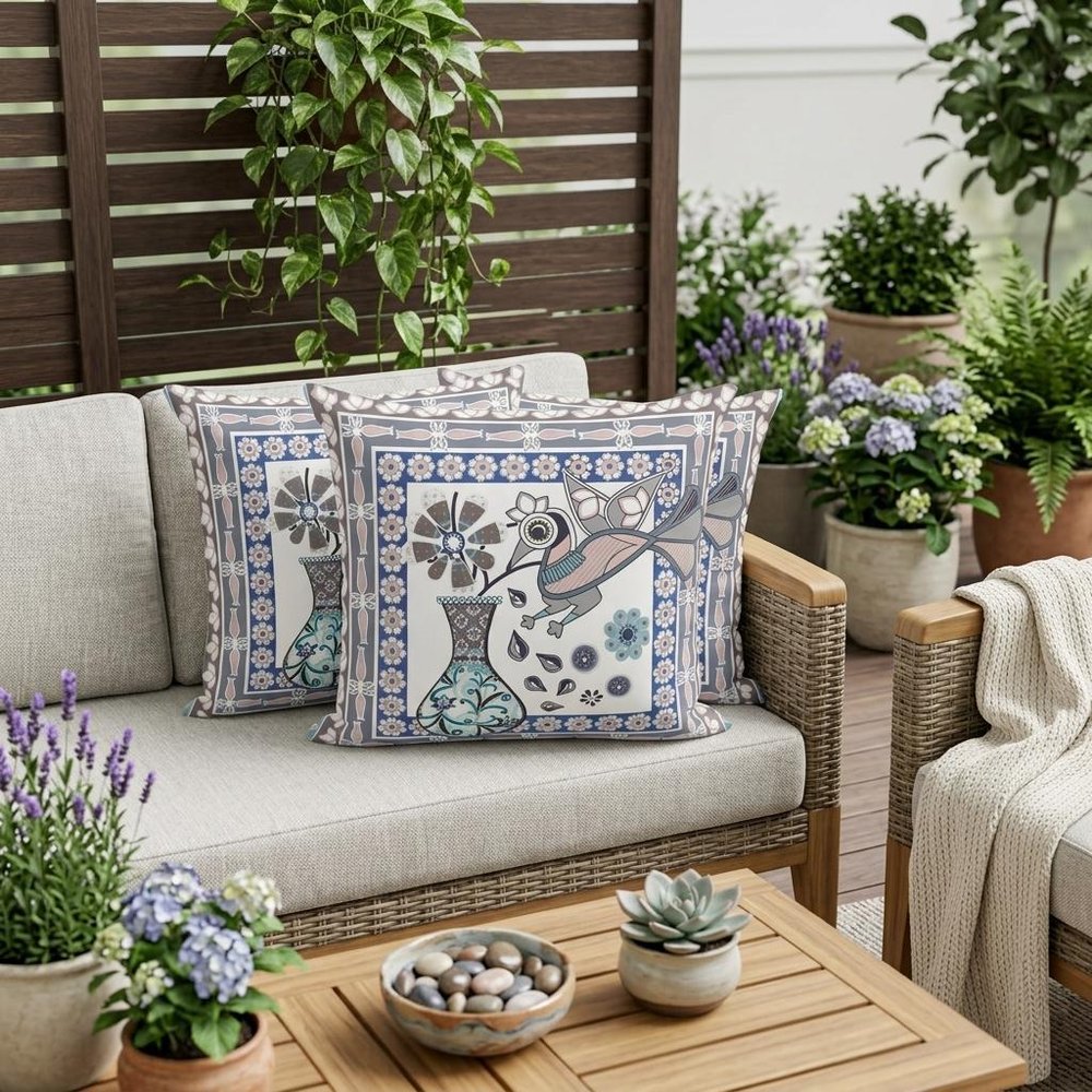 Set of Three 16" X 16" Beige and Gray Peacock Blown Seam Floral Indoor Outdoor Throw Pillow