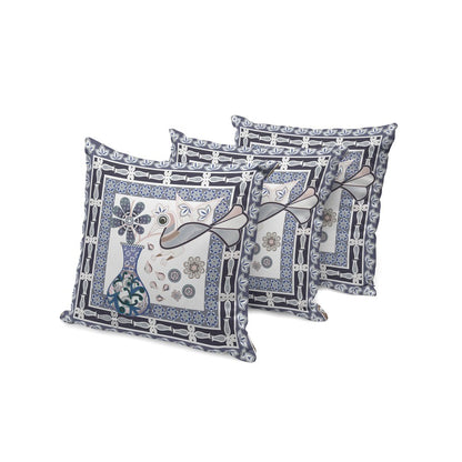 Set of Three 16" X 16" Beige and Orange Peacock Blown Seam Floral Indoor Outdoor Throw Pillow
