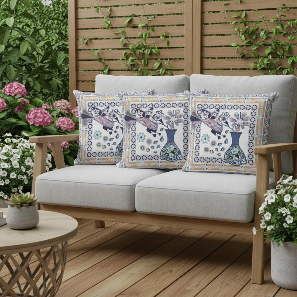 Set of Three 16" X 16" Beige and White Peacock Blown Seam Floral Indoor Outdoor Throw Pillow