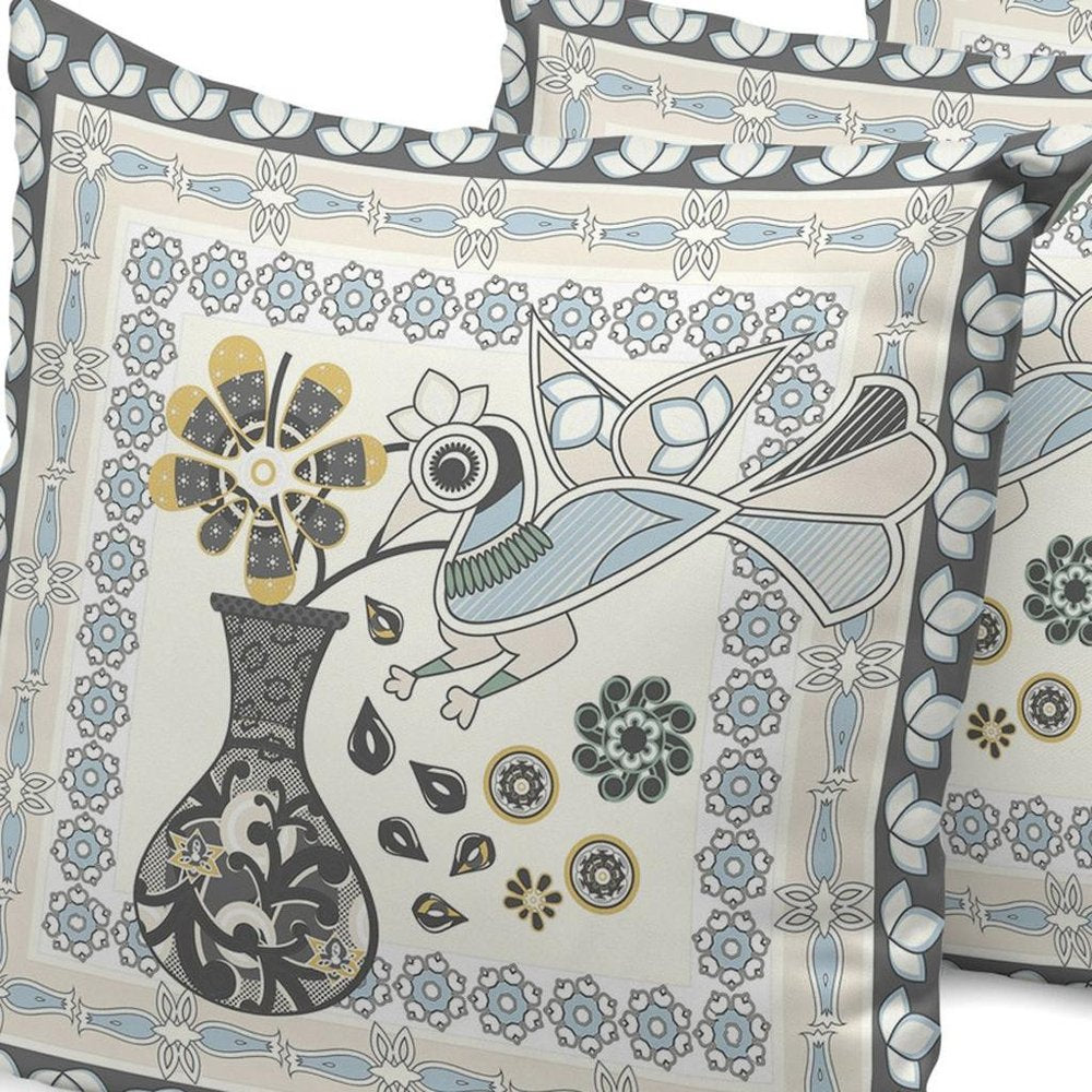 Set of Three 16" X 16" Black and Gray Peacock Blown Seam Floral Indoor Outdoor Throw Pillow