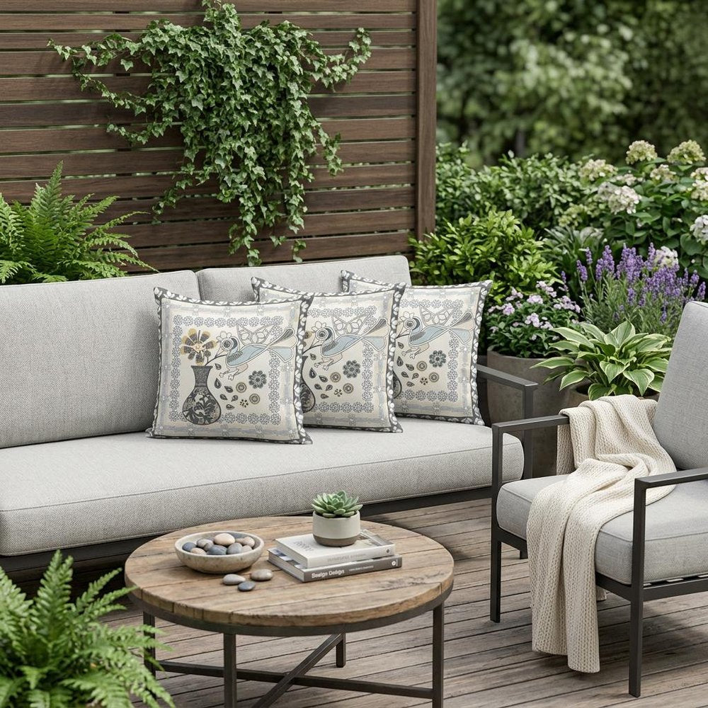 Set of Three 16" X 16" Black and Gray Peacock Blown Seam Floral Indoor Outdoor Throw Pillow