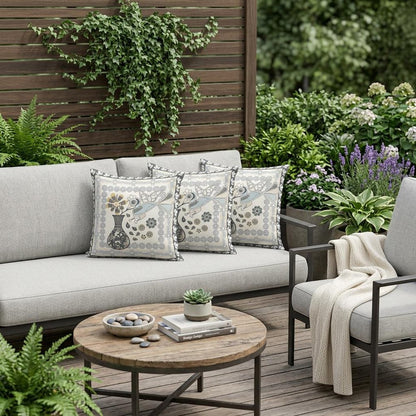 Set of Three 16" X 16" Black and Gray Peacock Blown Seam Floral Indoor Outdoor Throw Pillow