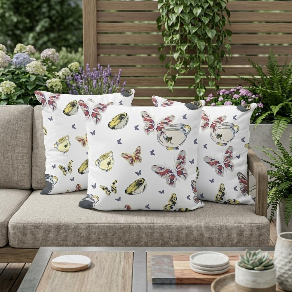 Set of Three 16" X 16" Blue and White Butterfly Blown Seam Animal Print Indoor Outdoor Throw Pillow