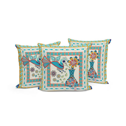 Set of Three 16" X 16" Blue and Gold Peacock Blown Seam Floral Indoor Outdoor Throw Pillow