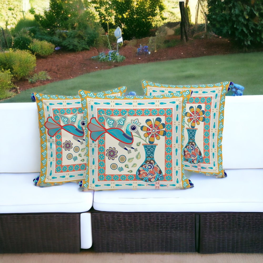 Set of Three 16" X 16" Blue and Gold Peacock Blown Seam Floral Indoor Outdoor Throw Pillow