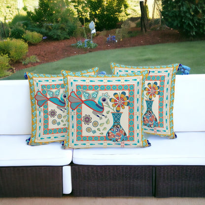 Set of Three 16" X 16" Blue and Gold Peacock Blown Seam Floral Indoor Outdoor Throw Pillow