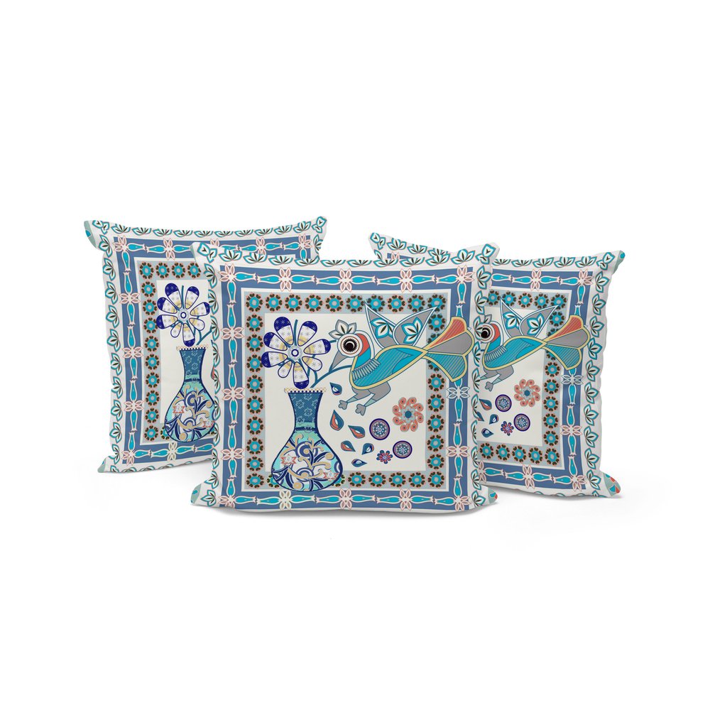Set of Three 16" X 16" Blue and Off White Peacock Blown Seam Floral Indoor Outdoor Throw Pillow