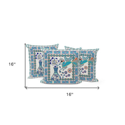 Set of Three 16" X 16" Blue and Off White Peacock Blown Seam Floral Indoor Outdoor Throw Pillow