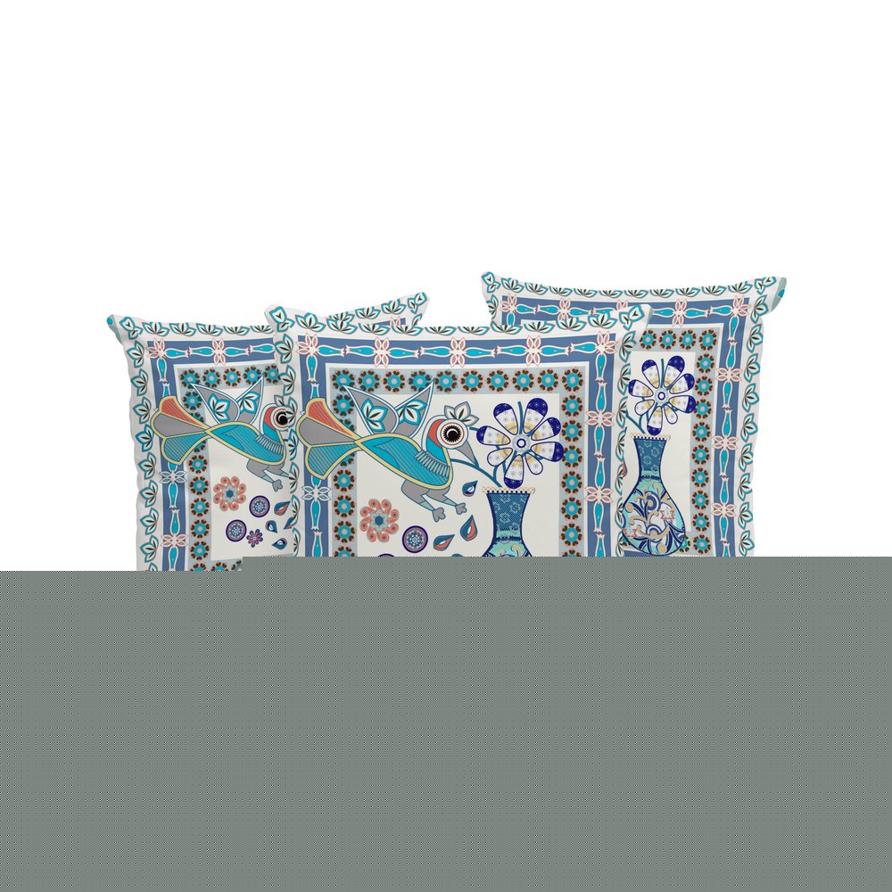 Set of Three 16" X 16" Blue and Off White Peacock Blown Seam Floral Indoor Outdoor Throw Pillow