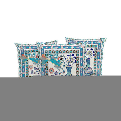 Set of Three 16" X 16" Blue and Off White Peacock Blown Seam Floral Indoor Outdoor Throw Pillow