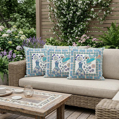 Set of Three 16" X 16" Blue and Off White Peacock Blown Seam Floral Indoor Outdoor Throw Pillow