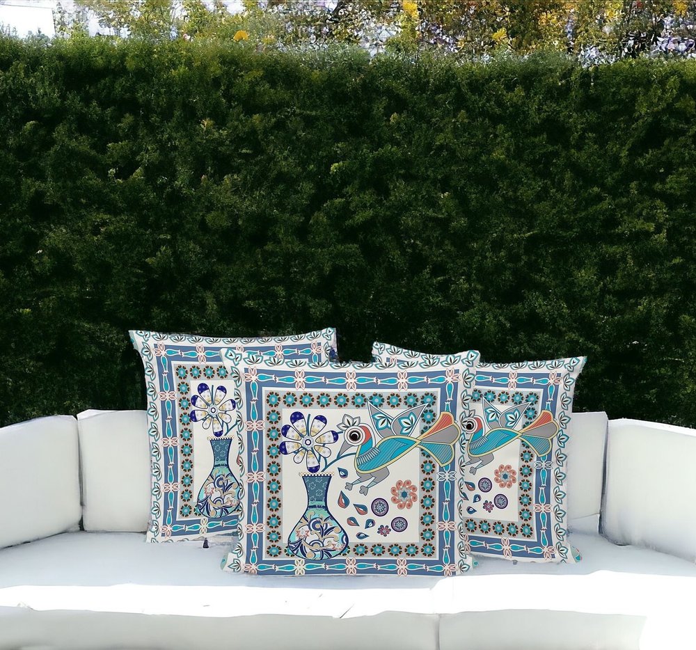 Set of Three 16" X 16" Blue and Off White Peacock Blown Seam Floral Indoor Outdoor Throw Pillow