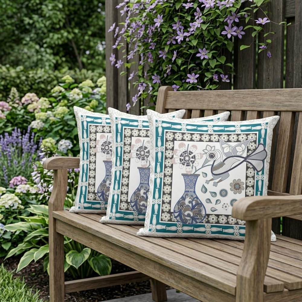 Set of Three 16" X 16" Beige and Green Peacock Blown Seam Floral Indoor Outdoor Throw Pillow