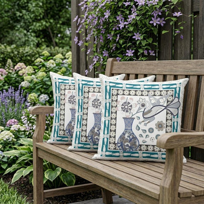 Set of Three 16" X 16" Beige and Green Peacock Blown Seam Floral Indoor Outdoor Throw Pillow