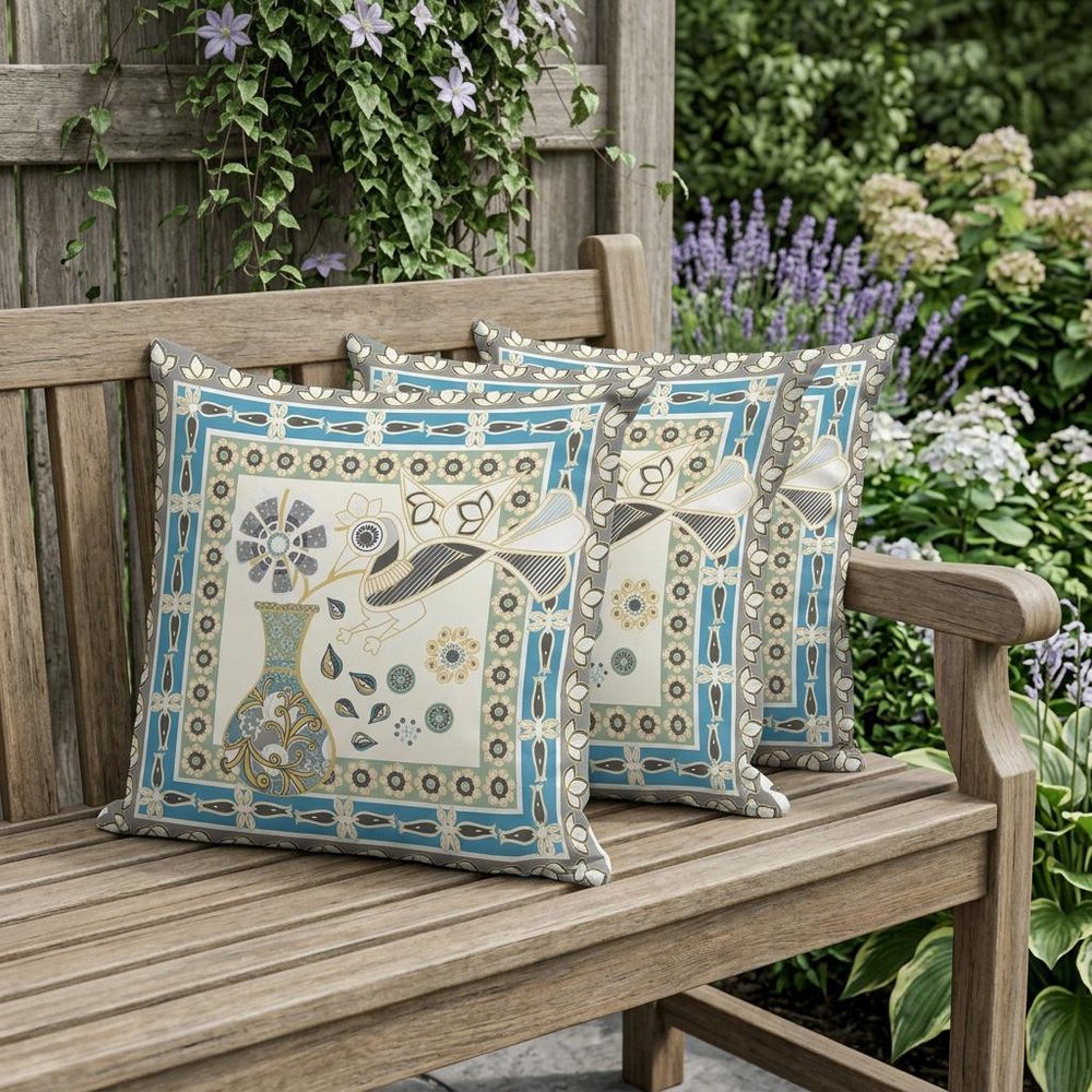 Set of Three 16" X 16" Green and Yellow Peacock Blown Seam Floral Indoor Outdoor Throw Pillow