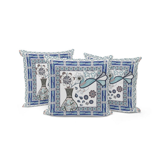 Set of Three 16" X 16" Gray and White Peacock Blown Seam Floral Indoor Outdoor Throw Pillow