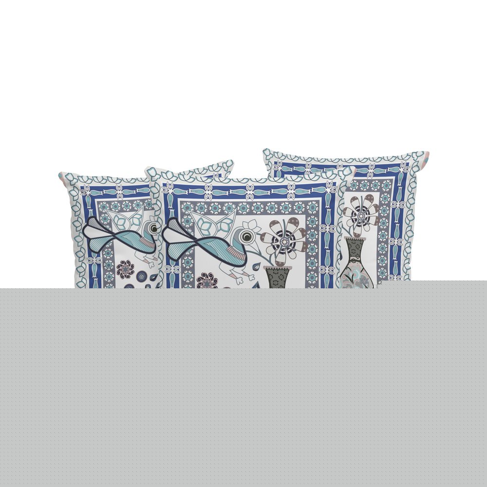 Set of Three 16" X 16" Gray and White Peacock Blown Seam Floral Indoor Outdoor Throw Pillow