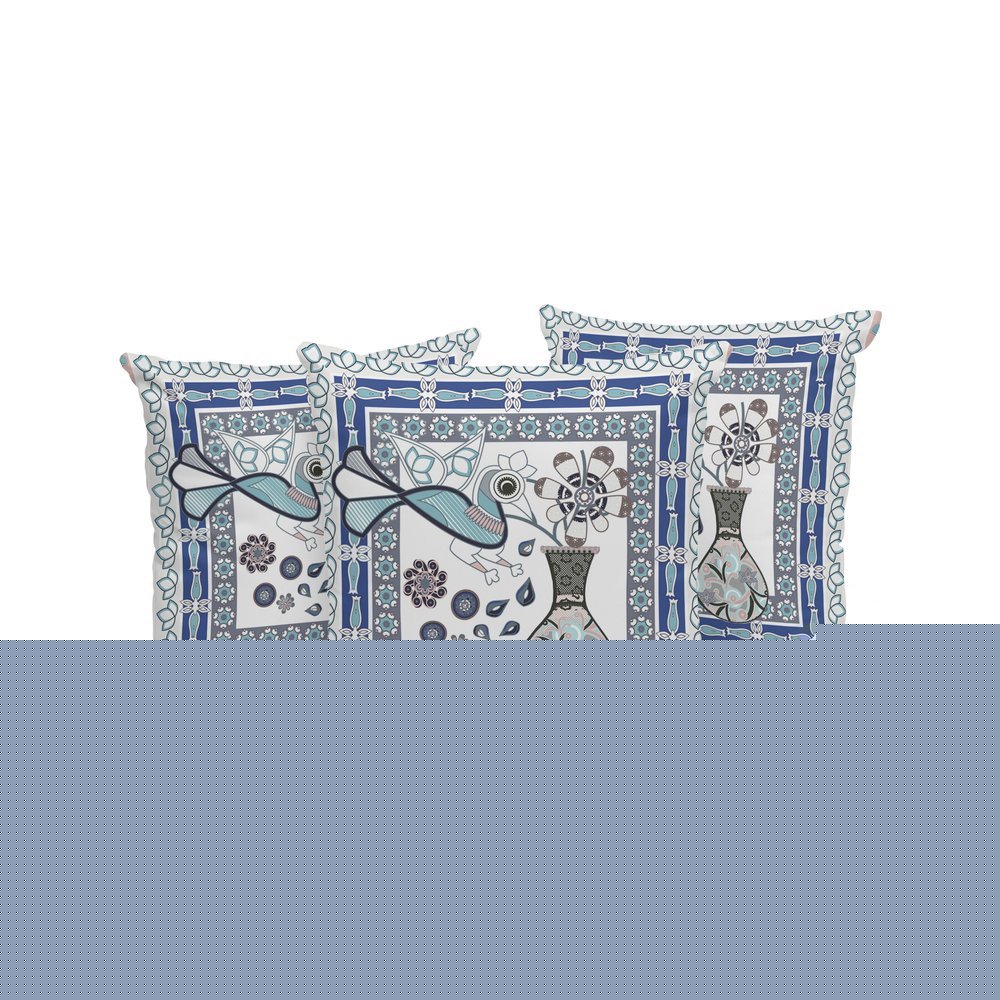 Set of Three 16" X 16" Gray and White Peacock Blown Seam Floral Indoor Outdoor Throw Pillow