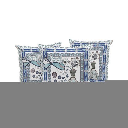 Set of Three 16" X 16" Gray and White Peacock Blown Seam Floral Indoor Outdoor Throw Pillow