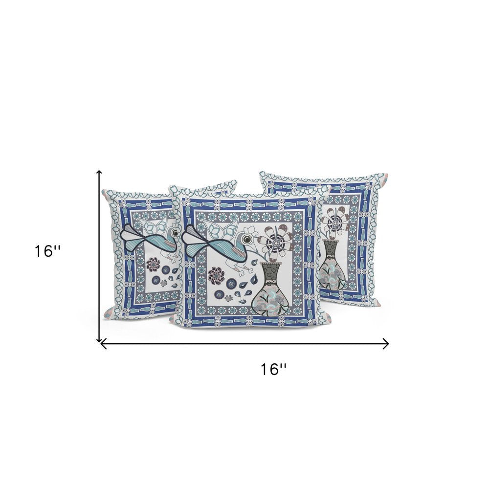Set of Three 16" X 16" Gray and White Peacock Blown Seam Floral Indoor Outdoor Throw Pillow