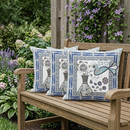 Set of Three 16" X 16" Gray and White Peacock Blown Seam Floral Indoor Outdoor Throw Pillow