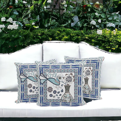 Set of Three 16" X 16" Gray and White Peacock Blown Seam Floral Indoor Outdoor Throw Pillow
