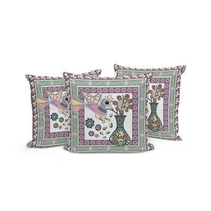 Set of Three 16" X 16" Pink and Brown Peacock Blown Seam Floral Indoor Outdoor Throw Pillow