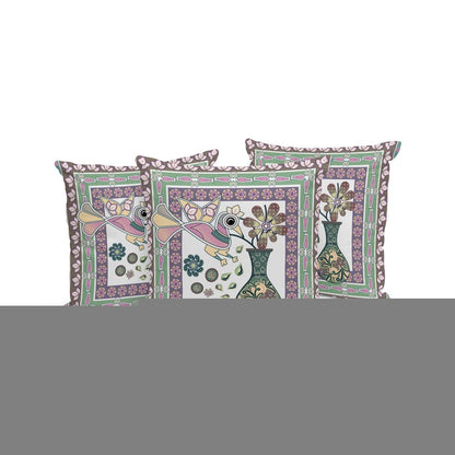 Set of Three 16" X 16" Pink and Brown Peacock Blown Seam Floral Indoor Outdoor Throw Pillow