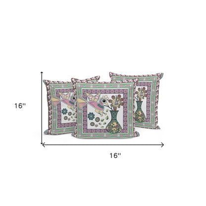 Set of Three 16" X 16" Pink and Brown Peacock Blown Seam Floral Indoor Outdoor Throw Pillow