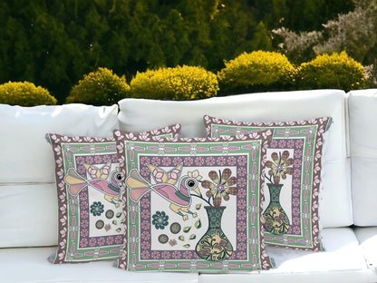 Set of Three 16" X 16" Pink and Brown Peacock Blown Seam Floral Indoor Outdoor Throw Pillow