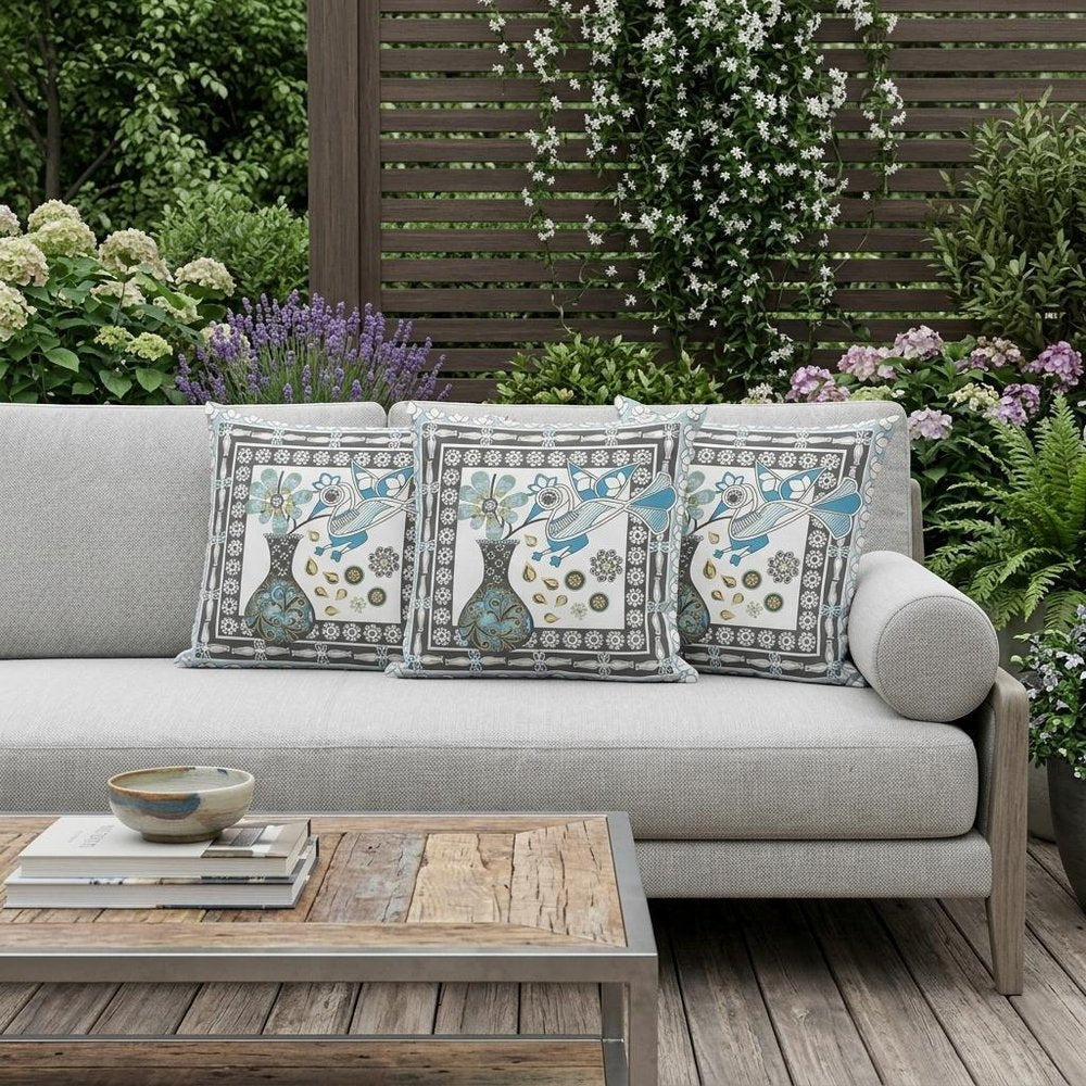 Set of Three 16" X 16" Black and White Peacock Blown Seam Floral Indoor Outdoor Throw Pillow