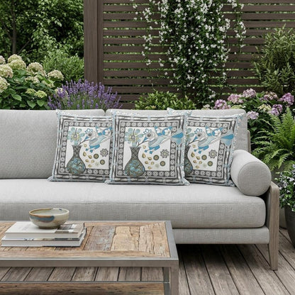 Set of Three 16" X 16" Black and White Peacock Blown Seam Floral Indoor Outdoor Throw Pillow