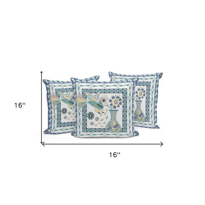 Set of Three 16" X 16" Blue and White Peacock Blown Seam Floral Indoor Outdoor Throw Pillow