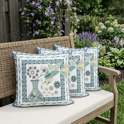 Set of Three 16" X 16" Blue and White Peacock Blown Seam Floral Indoor Outdoor Throw Pillow