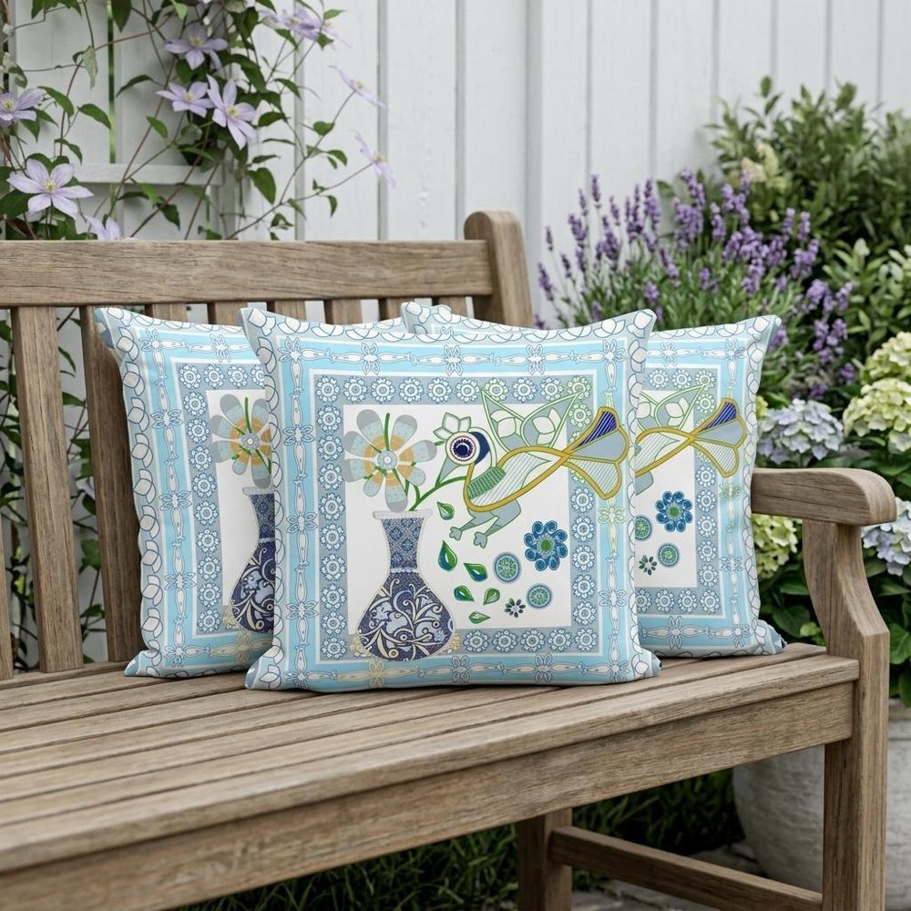 Set of Three 16" X 16" Gray and White Peacock Blown Seam Floral Indoor Outdoor Throw Pillow