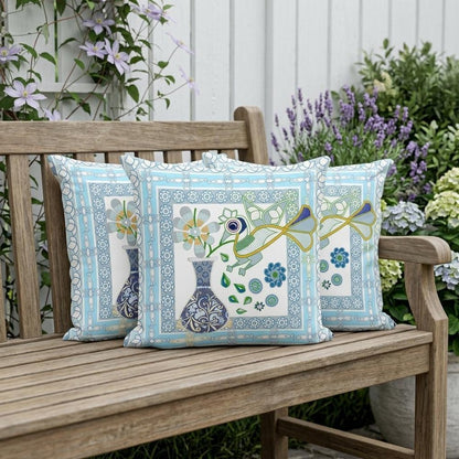 Set of Three 16" X 16" Gray and White Peacock Blown Seam Floral Indoor Outdoor Throw Pillow