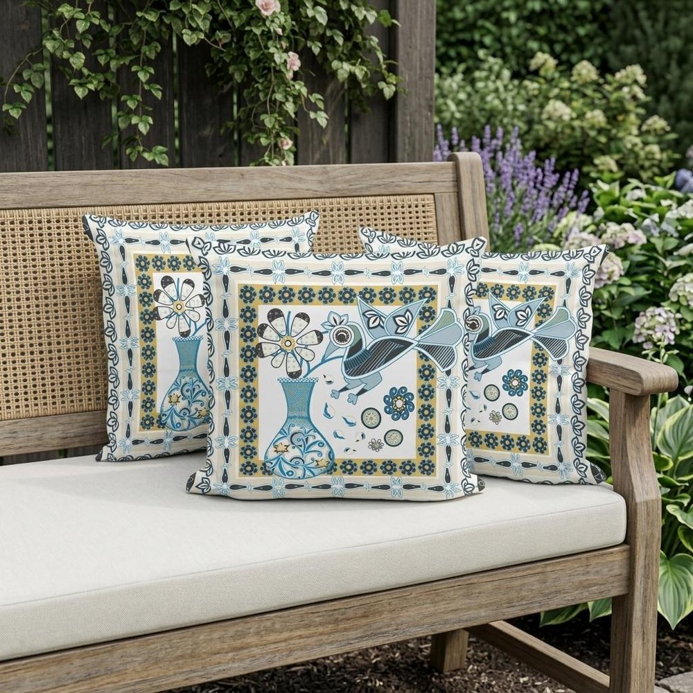 Set of Three 16" X 16" Black and White Peacock Blown Seam Floral Indoor Outdoor Throw Pillow