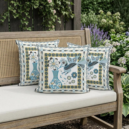 Set of Three 16" X 16" Black and White Peacock Blown Seam Floral Indoor Outdoor Throw Pillow