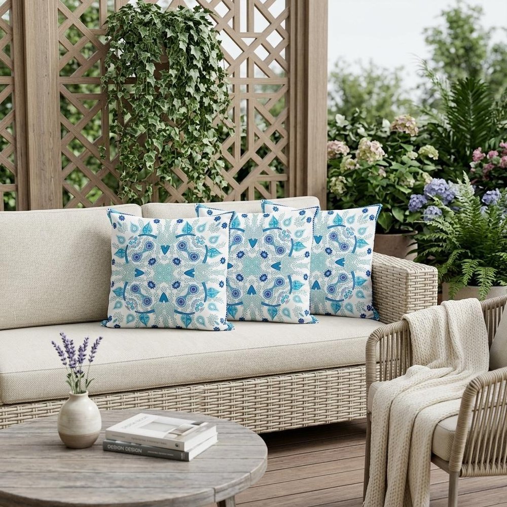 Set of Three 16" X 16" Blue and White Blown Seam Paisley Indoor Outdoor Throw Pillow
