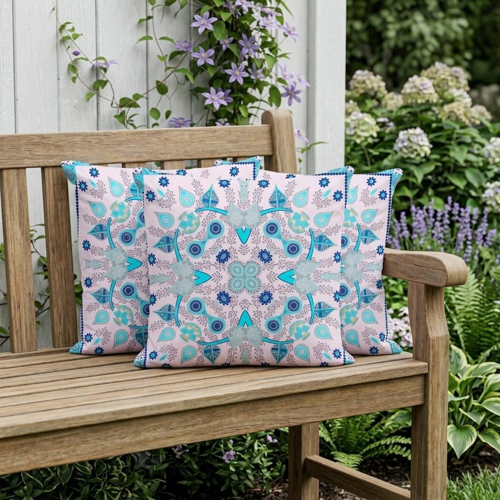 Set of Three 16" X 16" Blue and Pink Blown Seam Paisley Indoor Outdoor Throw Pillow
