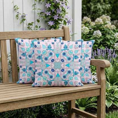 Set of Three 16" X 16" Blue and Pink Blown Seam Paisley Indoor Outdoor Throw Pillow