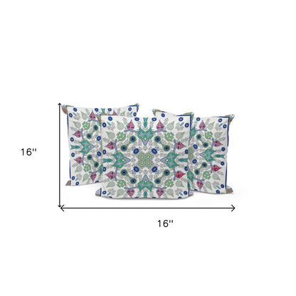 Set of Three 16" X 16" Blue and Off White Blown Seam Paisley Indoor Outdoor Throw Pillow