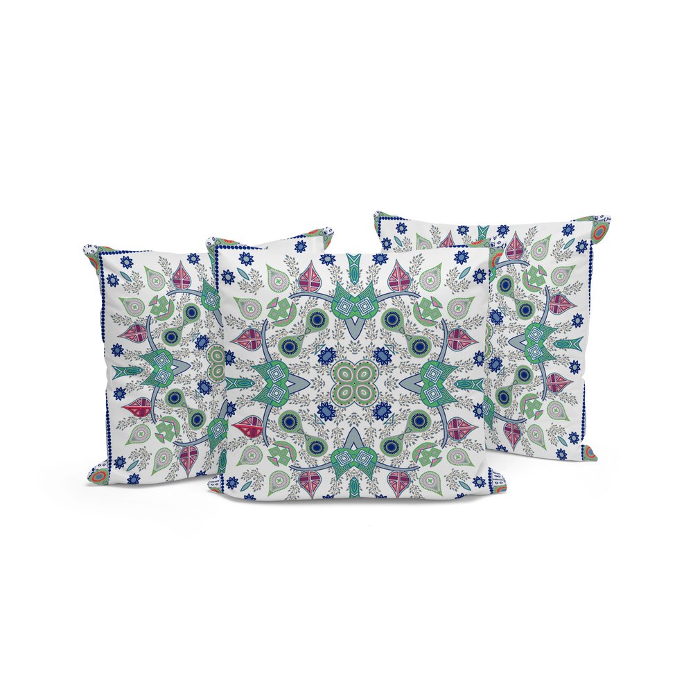 Set of Three 16" X 16" Blue and Off White Blown Seam Paisley Indoor Outdoor Throw Pillow