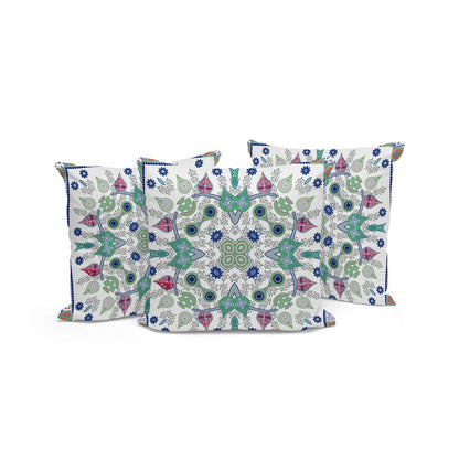 Set of Three 16" X 16" Blue and Off White Blown Seam Paisley Indoor Outdoor Throw Pillow
