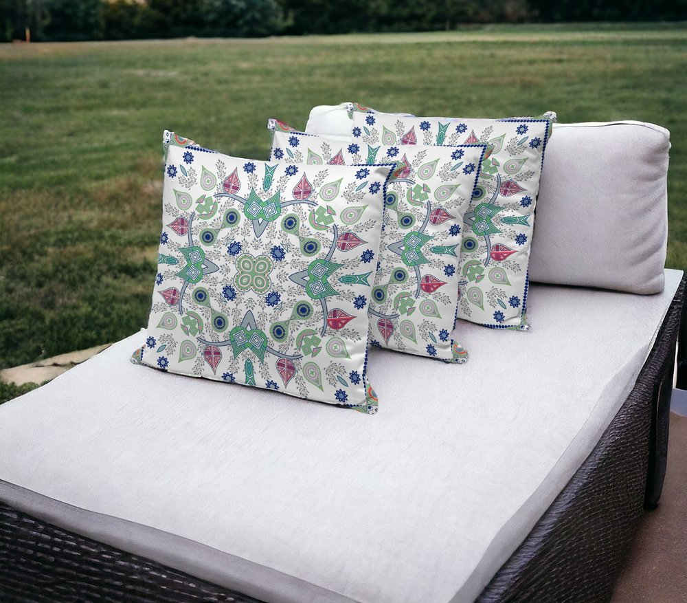 Set of Three 16" X 16" Blue and Off White Blown Seam Paisley Indoor Outdoor Throw Pillow