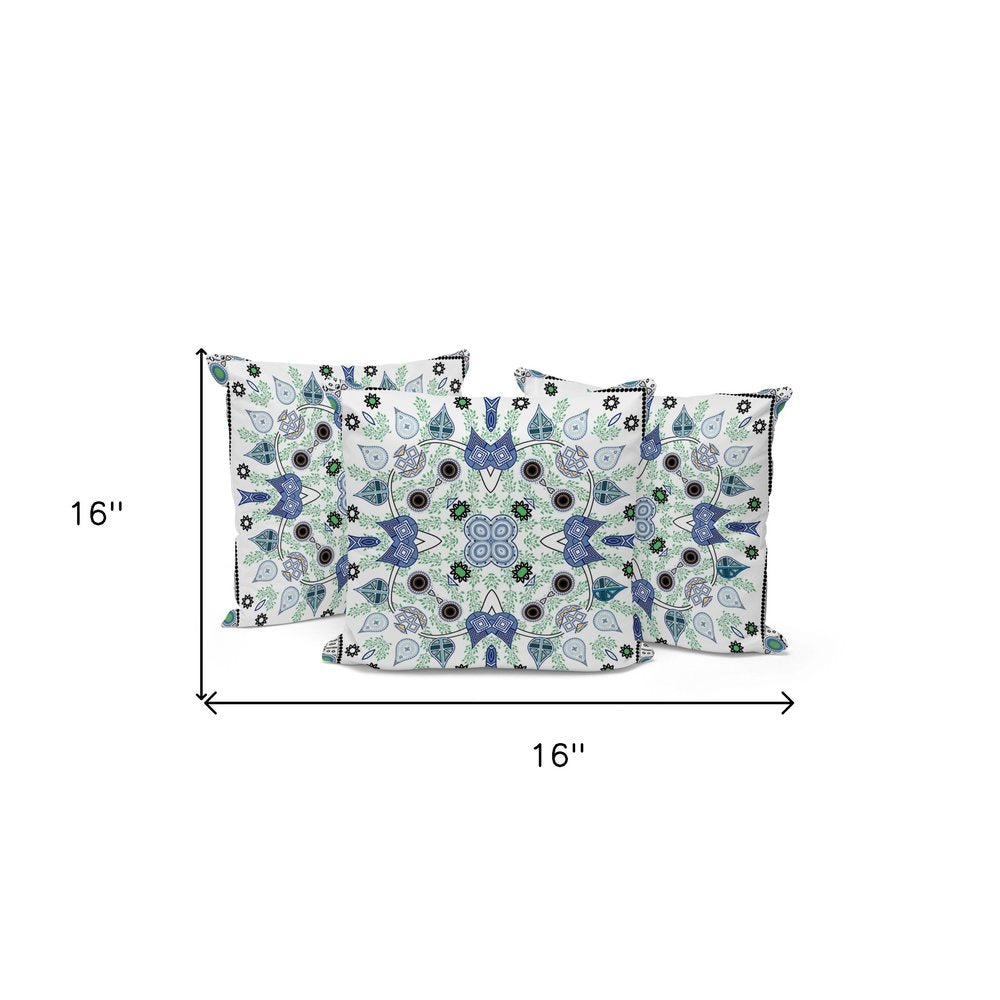 Set of Three 16" X 16" Blue and Off White Blown Seam Paisley Indoor Outdoor Throw Pillow