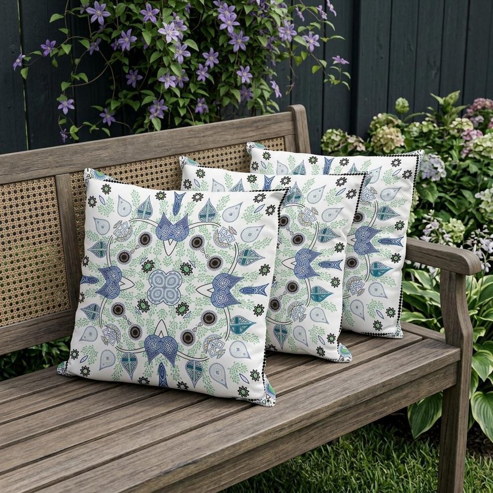 Set of Three 16" X 16" Blue and Off White Blown Seam Paisley Indoor Outdoor Throw Pillow